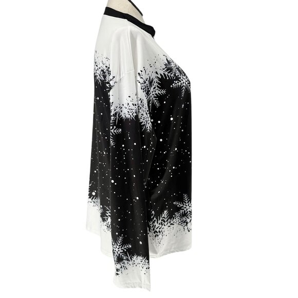 Snowflake Print Womens Top fits like 3XL US Black White LS V-Neck Poly Spandex - Picture 4 of 8